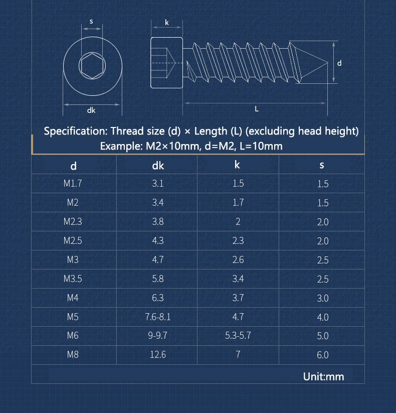 M1.7/2/2.3/2.5/3/3.5/4/5/6 304 Stainless Steel Hexagon Socket Cap Head Self Tapping Screw Self-Tapping Small Screws For Speaker