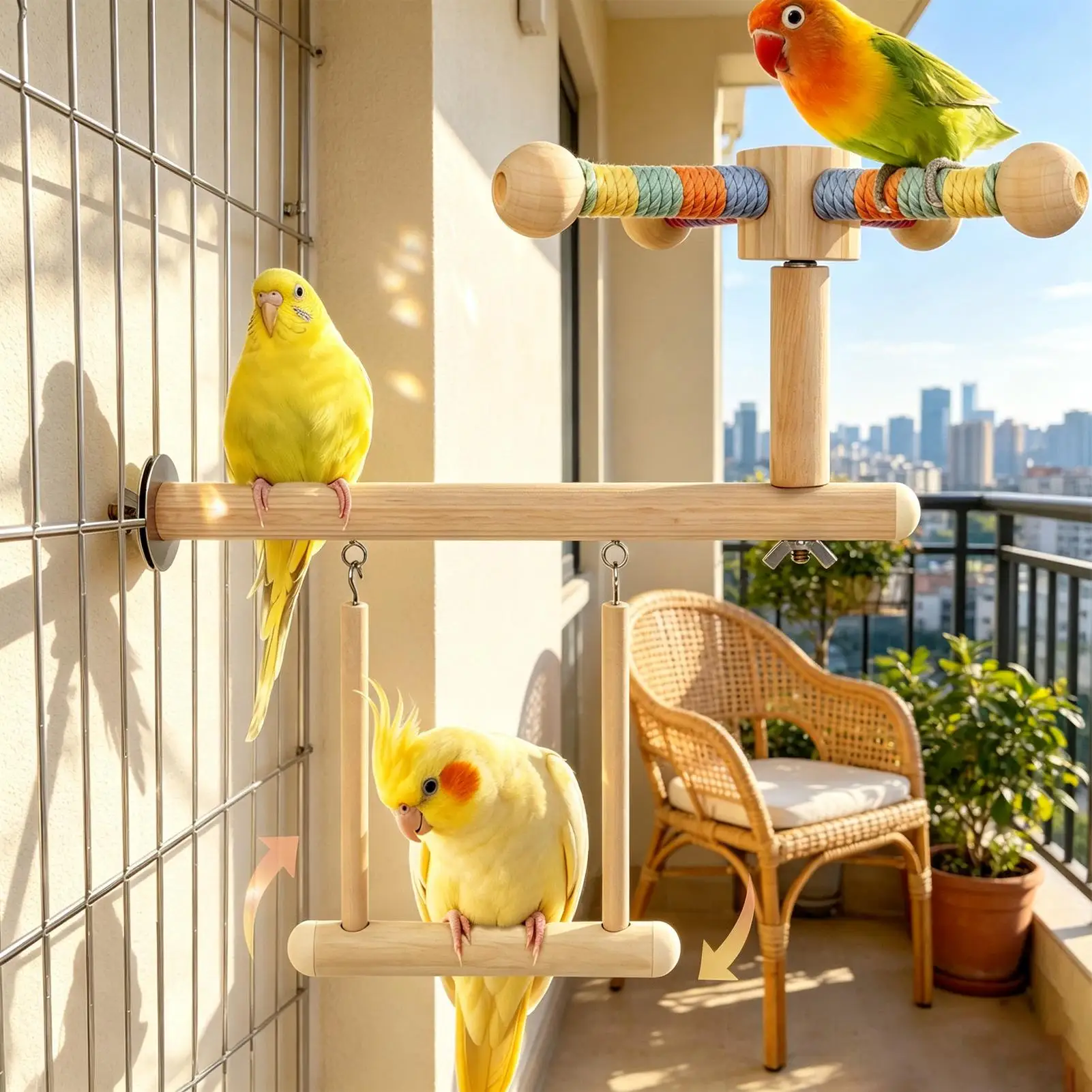 Bird Perch Toy Wooden Bite Resistant 360 Degree Rotating Natural Wood Bird Swing Perch for Parrot Macaw Budgies Eclectus