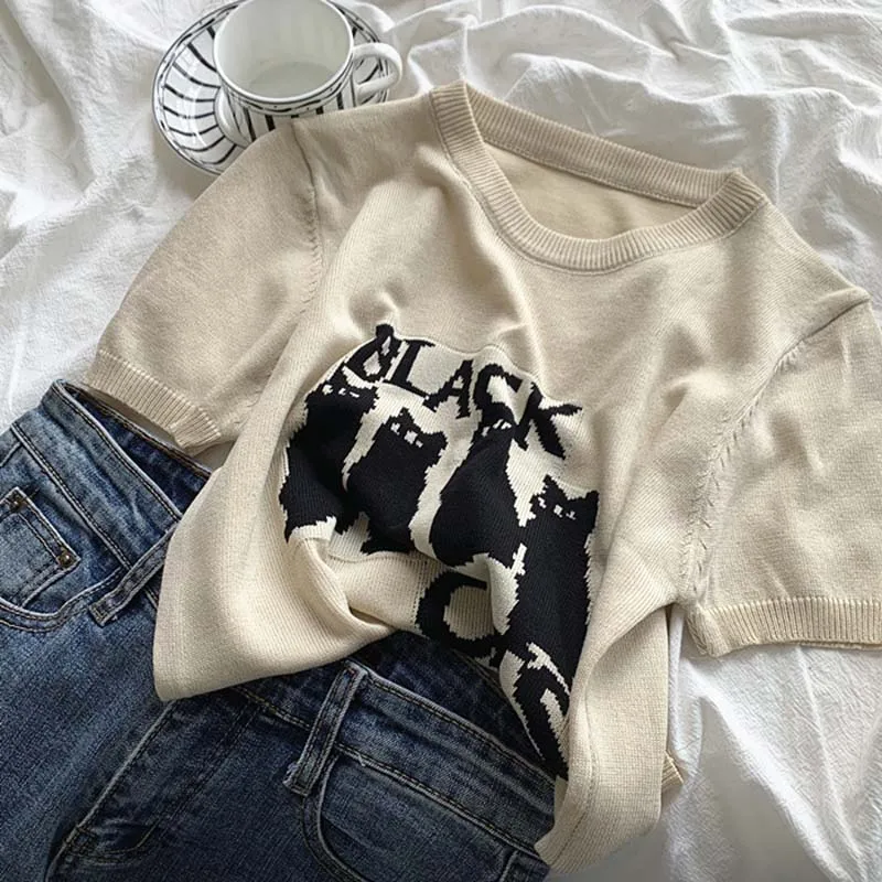 Rin Confa Retro Embroidered Tops Korean Style Ins Fashionable Loose Short-Sleeved T-shirt Women 'S All-Match O- Neck Sweater Top