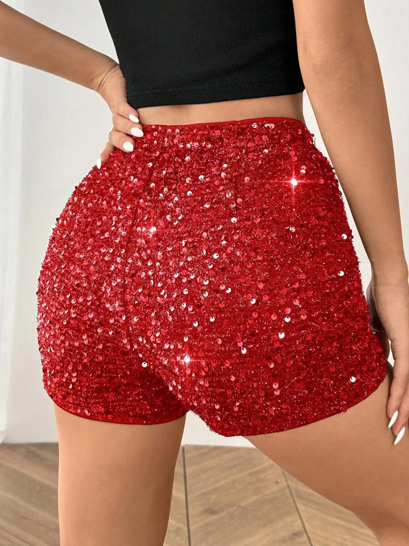 Women Sequins Black Low Rise Shorts Y2K Sexy Skinny Mini Shorts Summer Fashion Party Clubwear Costume Bottoms