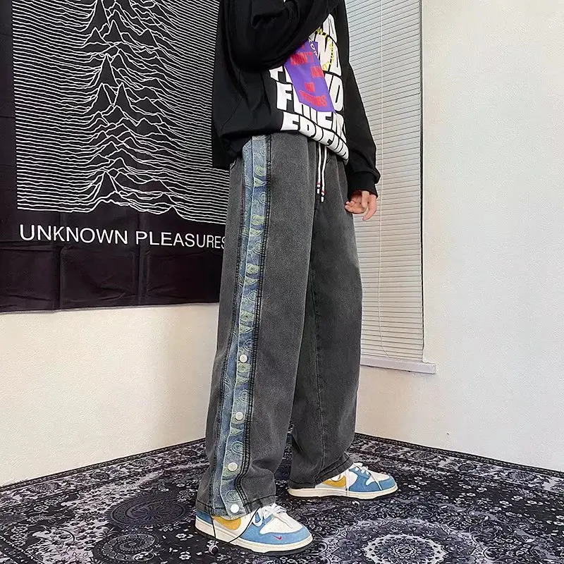 ICCLEK Breasted Jeans Men's Jeans Spring and Autumn Loose Straight Pants Fashion Wide Leg Pants Autumn High Street Jeans