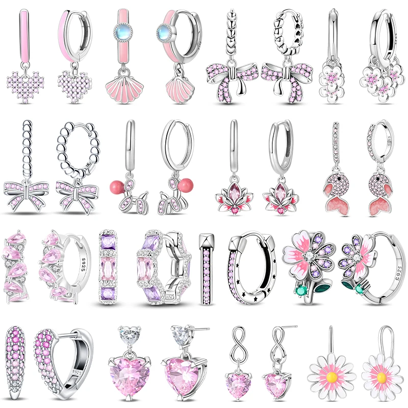 Nouvelles boucles d'oreilles pour femmes en argent sterling 925, en forme de cœur rose avec des fleurs en zircon, brillantes, pour mariage, fiançailles, bijoux cadeaux.