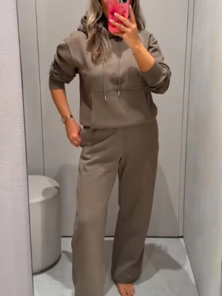 HH Mulheres Moda Outono Terno Sólido Manga Comprida Cordão Bolsos Grandes Jaqueta Com Capuz + Cintura Elástica Calças Finas Conjunto de 2 Peças