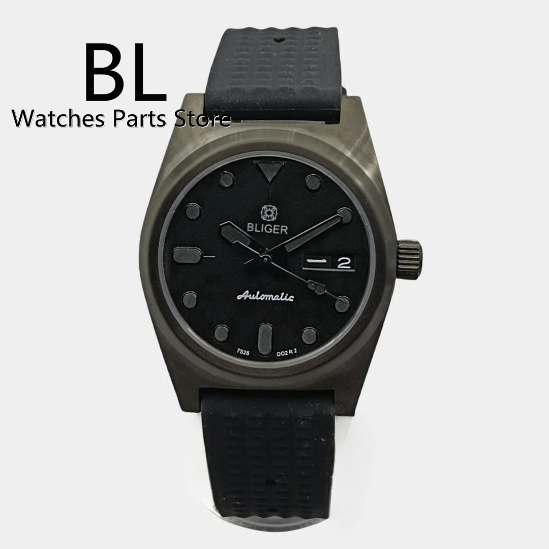 

BLIGER Watch For Men NH36 Movement Week-date Function 36mm Full Black Case Sapphire Glass Black Dial Green Luminous Rubber Strap