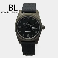 BLIGER Watch For Men NH36 Movement Week-date Function 36mm Full Black Case Sapphire Glass Black Dial Green Luminous Rubber Strap