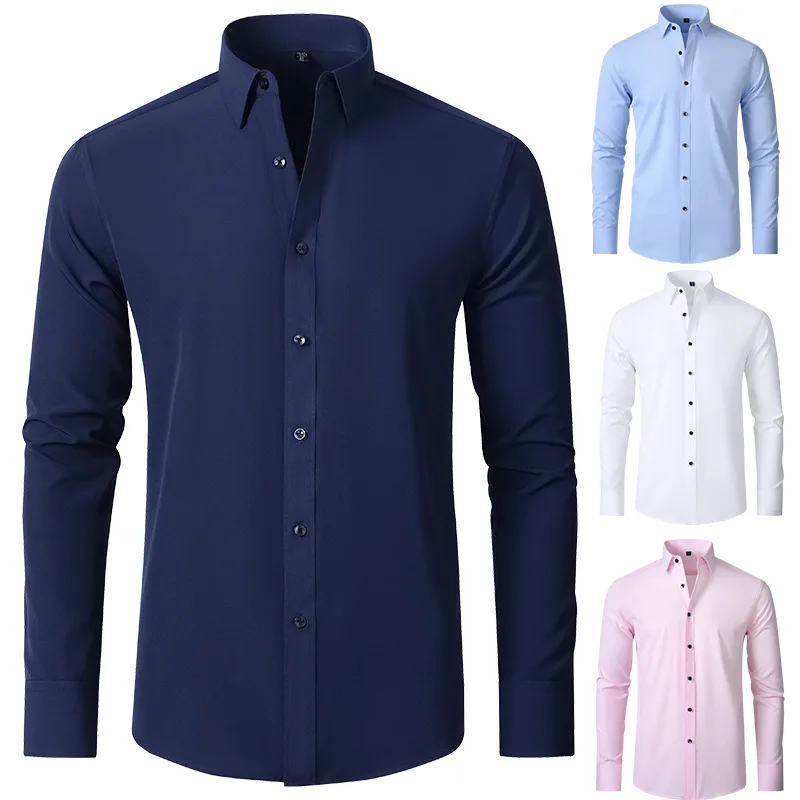 New 2023 spring and summer men's long-sleeved four-sidedelastic business casual silky anti-wrinkle non-ironing white shirt S~8XL