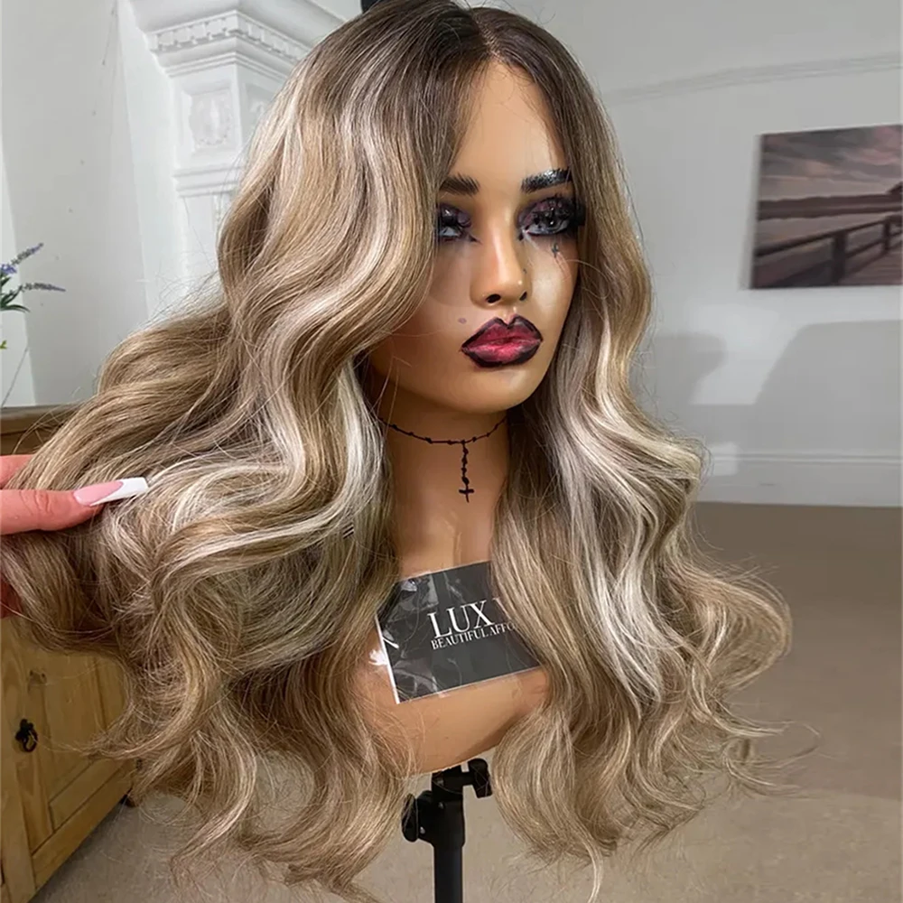 

Medium Blonde Balayage Wig 26 inches Long Wavy Blonde Wig Highlights Synthetic Heat Resistant 13x4 Lace Front Wig For Women
