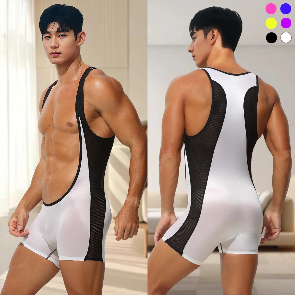 

Men's Sexy Ice-silk Transparency Elastic Body-shaping Tight-fit Jumpsuit Tank Top Boxers Wrestling Fitness Gym Bodysuit Leotards
