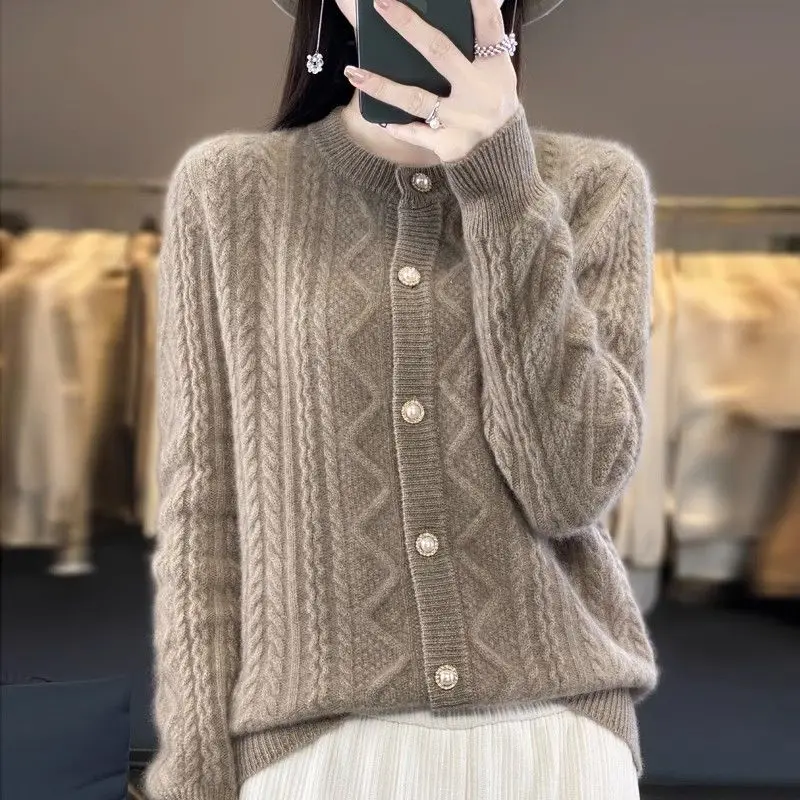 Women Winter Stylish Vintage Twisted Thick Warm Chic Beaded Button Knitted Cardigan Casual O Neck Long Sleeve Loose Sweater Coat