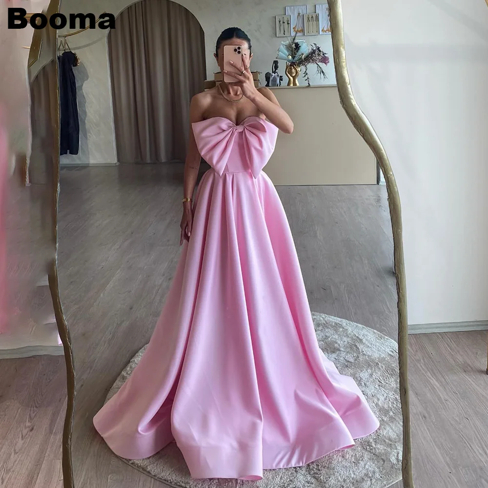 Booma A-Line Pink Evening Dresses Strapless Sleeveless Satin Wedding Party Gowns with Big Bow Formal Occasion Gowns for Women