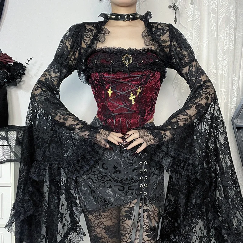 

Women Mesh Crop Top See Through Sexy Flare Sleeve Blouse Gothic Classic Lace Cover Ups Y2k Black Rave Outfit Festival