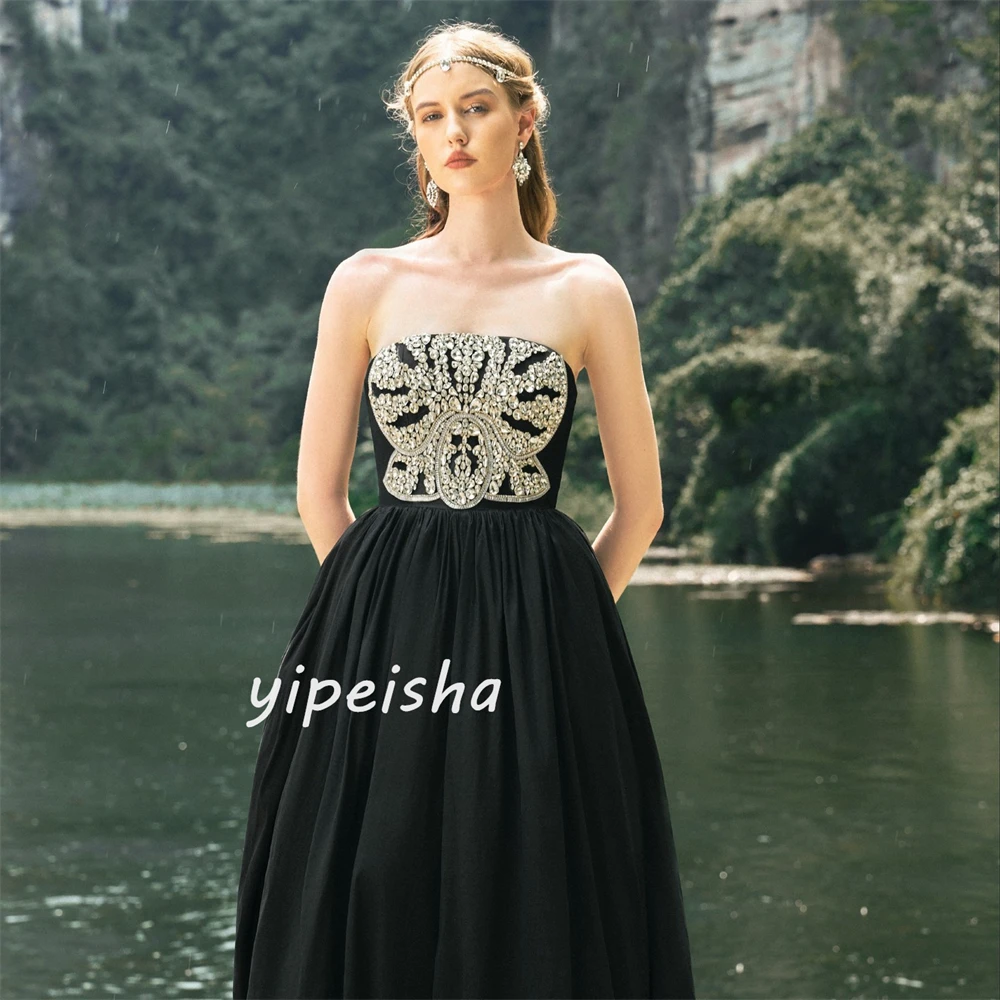 Jersey Sequined Ruched Formal Evening A-line Strapless Bespoke Occasion Gown Long Dresses