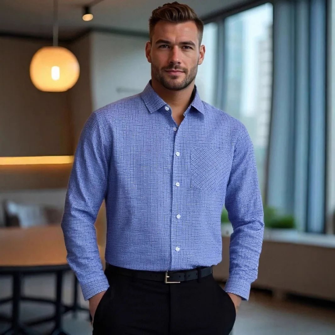 

Рубашка с длинным рукавом, мужская рубашка, деловая повседневная мужская одежда в клетку с лацканами