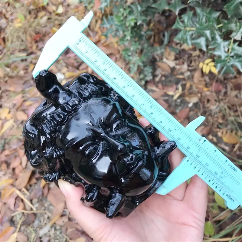 12.7cm Natural Black Obsidian Crystal Medusha Skull Carving Crafts Healing Reiki Figurine For Halloween Spoofing Gift 1pcs