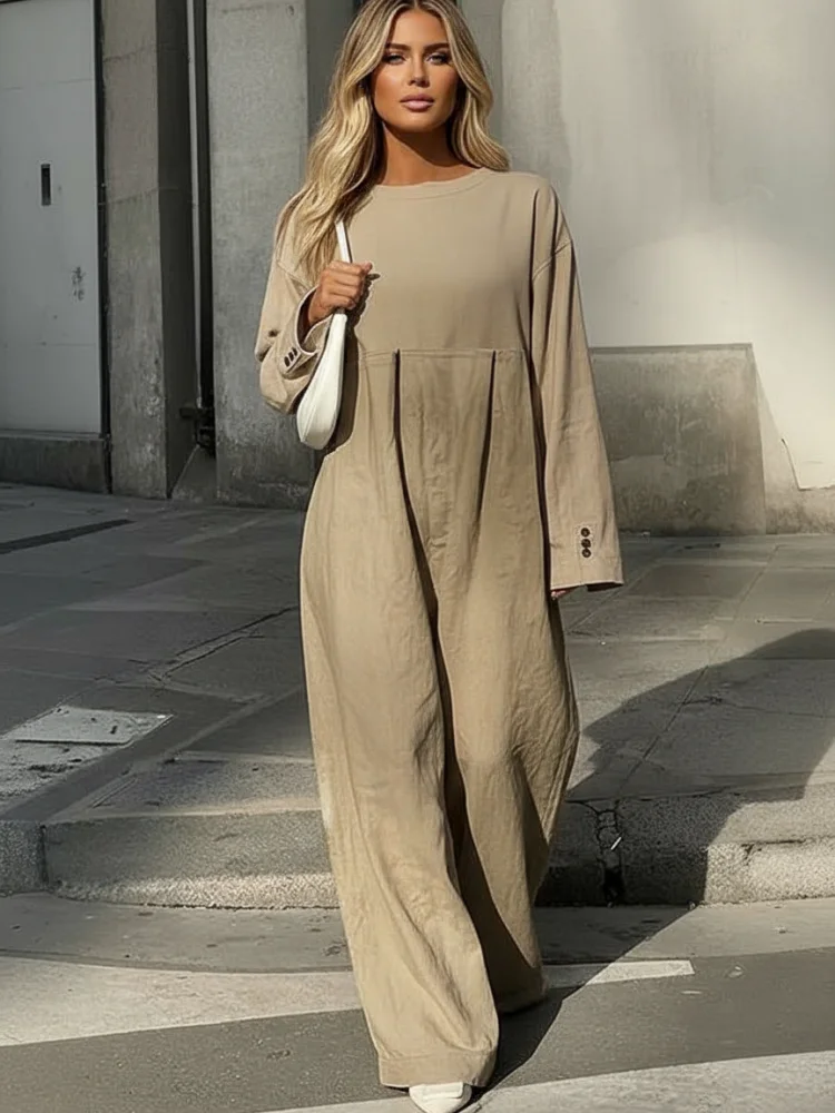 Freeacy 2025 New Women's Loose Fit Split-joint Jumpsuit Round Neck Long Sleeves Wide Leg Floor Length Coveralls One-piece Suit