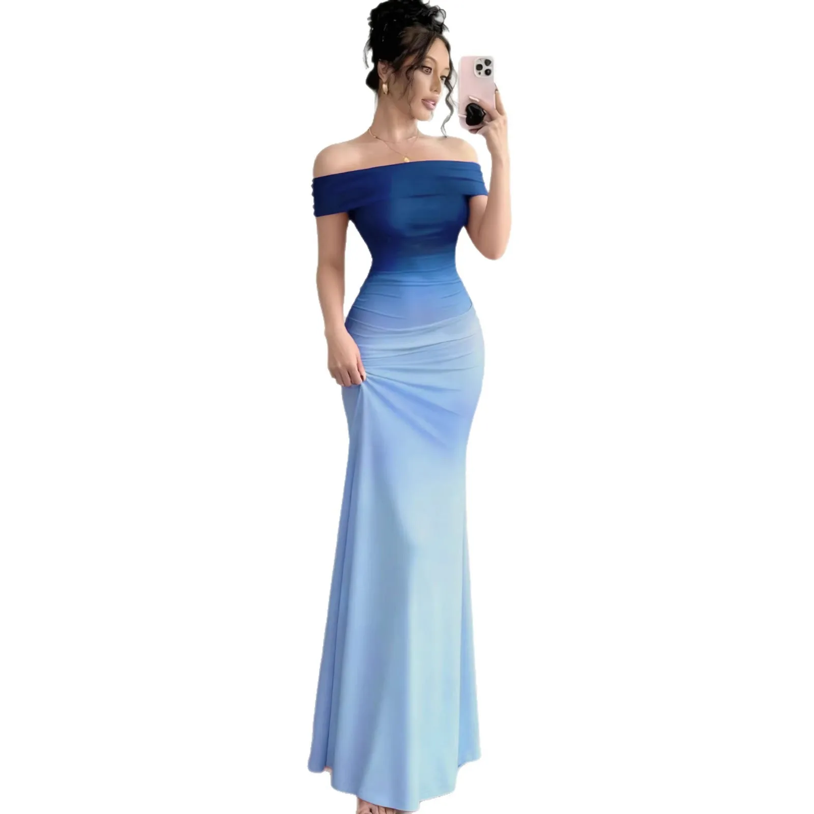 Short Sleeve Dress Slim Fit Maxi Length Professional Style with Wrap Style Gradient Pattern Elegant Party Dresses for Women