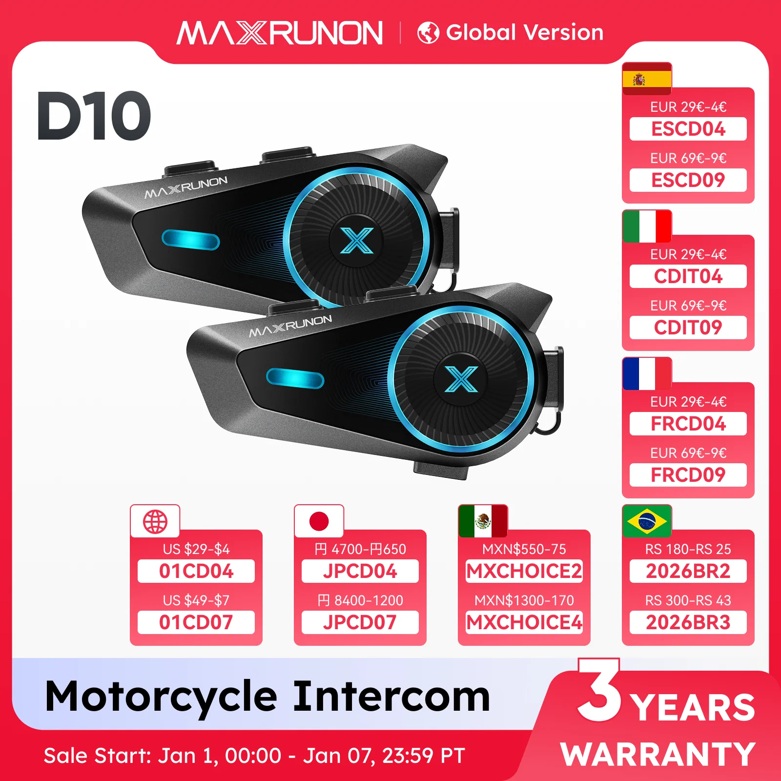 MAXRUNON D10 Мотоциклетная Bluetooth-гарнитура для шлема с внутренней связью 4 гонщика Приложение для переговорного устройства Moto Group AI Голосовое управление ENC IPX7 FM BT5.4 Русские инструкции, Русские подкасты