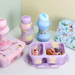 Folding Silicone Lunch Box Set, chaleira esportiva, caixa de preservação, piquenique ao ar livre do estudante, Bento infantil