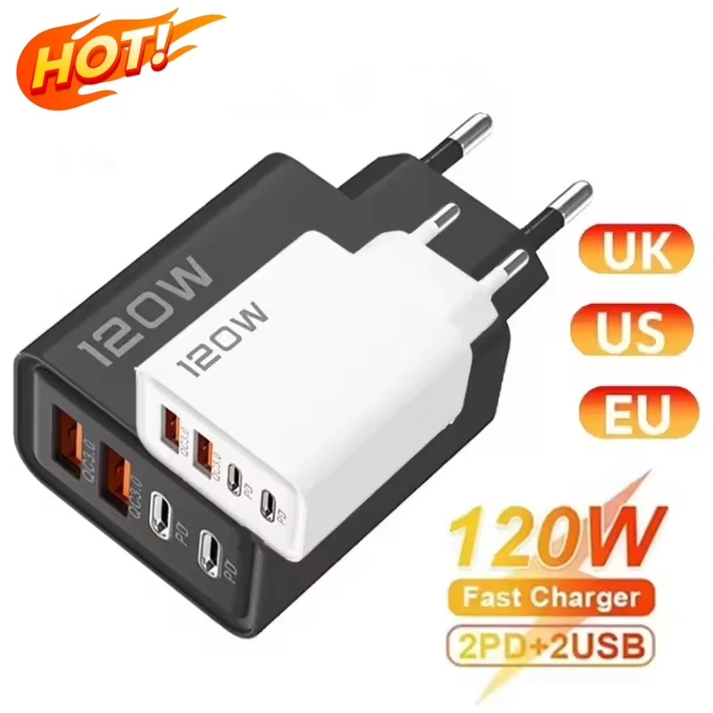 New 120W Phone Fast Charger 4 Ports USB C Charger Quick Charge 3.0 USB Type C Fast Charging Adapter For Samsung iPhone Xiaomi