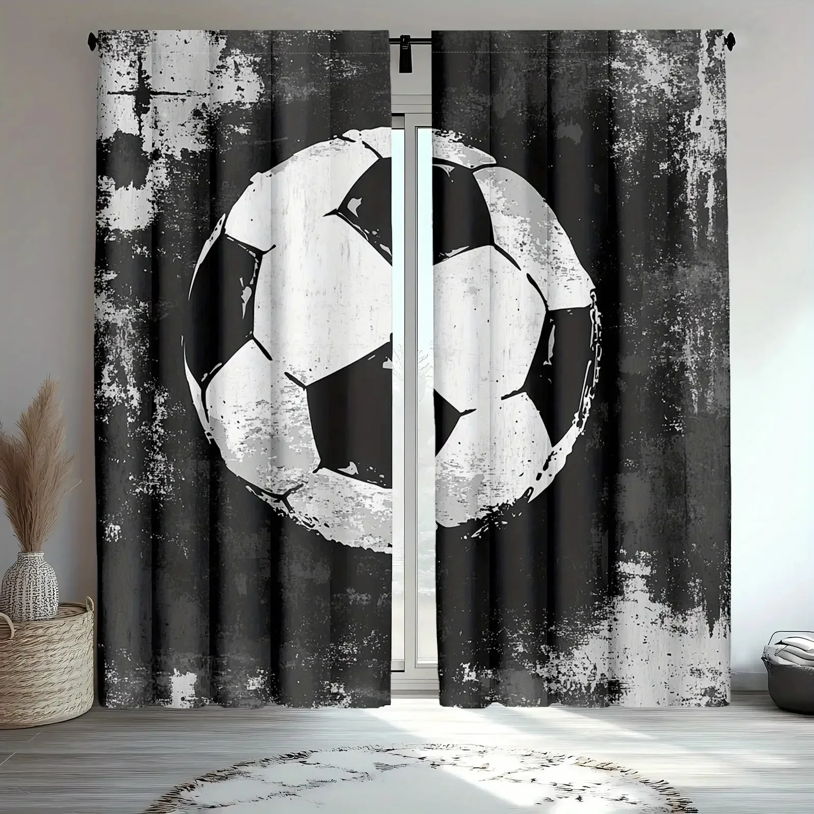 Modern Grunge Black and White Soccer Ball Pattern Curtains 2pcs Football Sports Window Drapes Industrial Style Living Room Decor