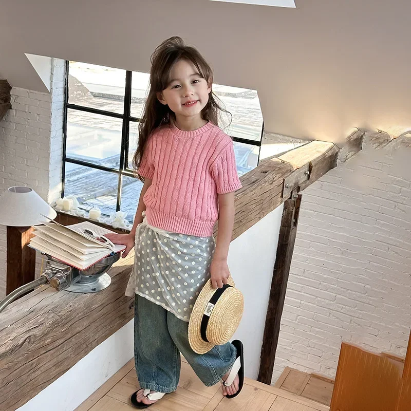 Spring summer baby knitwear breathable T-shirts children solid color Wave knit short sleeve Tops girls thin style sweaters