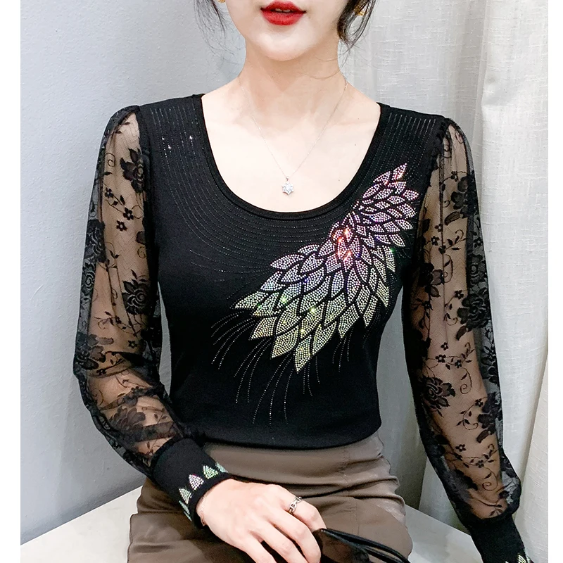 

Korean Fashion Women Clothes 2025 Autumn Diamond Tops Slim Long Sleeve Blouse Round Neck Patchwork Lace Shirt