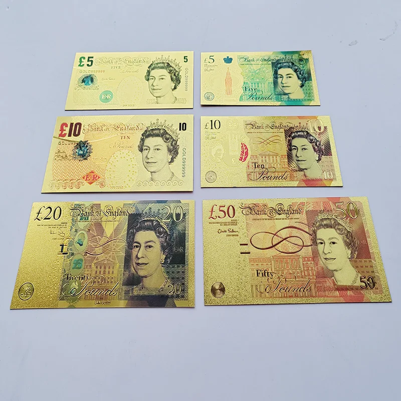 10Pcs/set Colored Gold Foil Banknote Queen Elizabeth United Kindom Pound Banknote UK GBP Fake Money Bill Souvenir Gift for Him