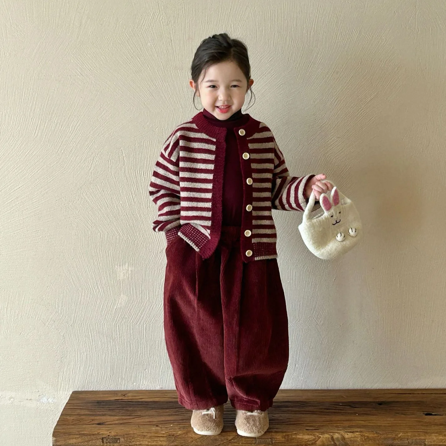 Baby Girls Sets Fashion Red Striped Knitted Cardigan Sweater Corduroy Pants 2024 Autumn New Korean Style Kids