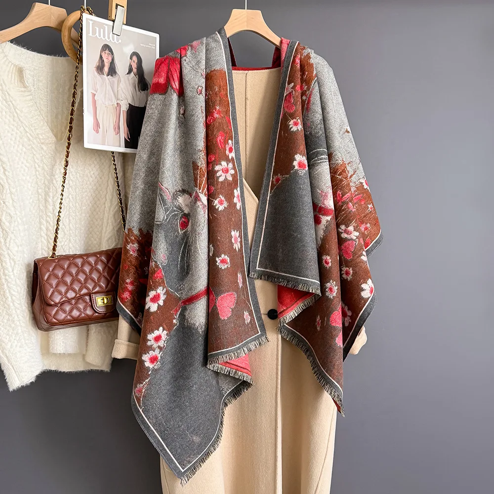 Thick Quality Oil Painting Style Cute Cat Butterfly Flowers Faux Cashmere Scarf Shawl Autumn Winter Long Neckerchief Women Wraps