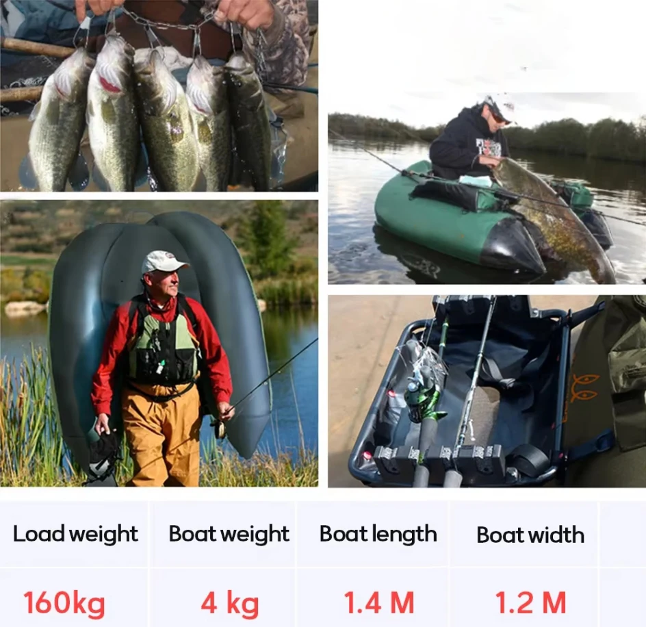 مجموعة قارب صيد محمولة قابلة للنفخ لشخص واحد، وسادة هوائية مزدوجة احترافية ذات طفو قوي وآمنة وعملية لصيد الأسماك والتجديف بالكاياك