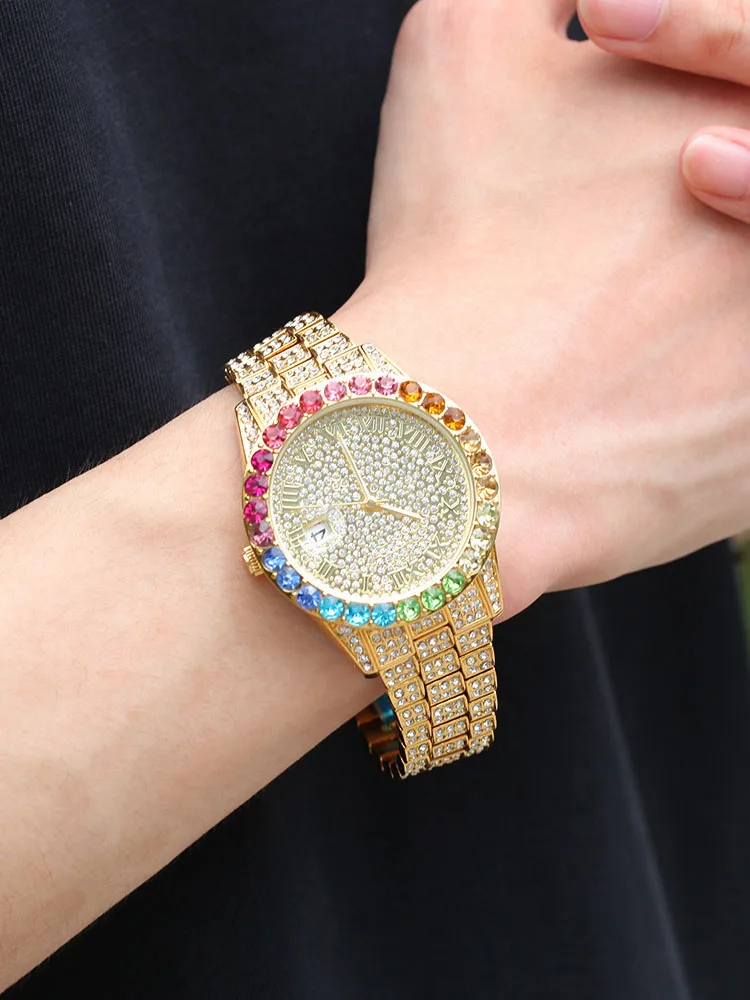 Colorful Shiny Diamonds Quartz Wristwatches Gold-Plated Hip Hop Mens Watch Crystal Casual Fashion Auto Date Watches