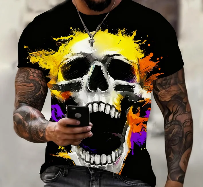 الرجال الصيف 3D المطبوعة الجمجمة شخصية بارد طباعة نمط الشرير الصخرة الرجعية الرجال العصرية بارد قصيرة الأكمام تي شيرت #6