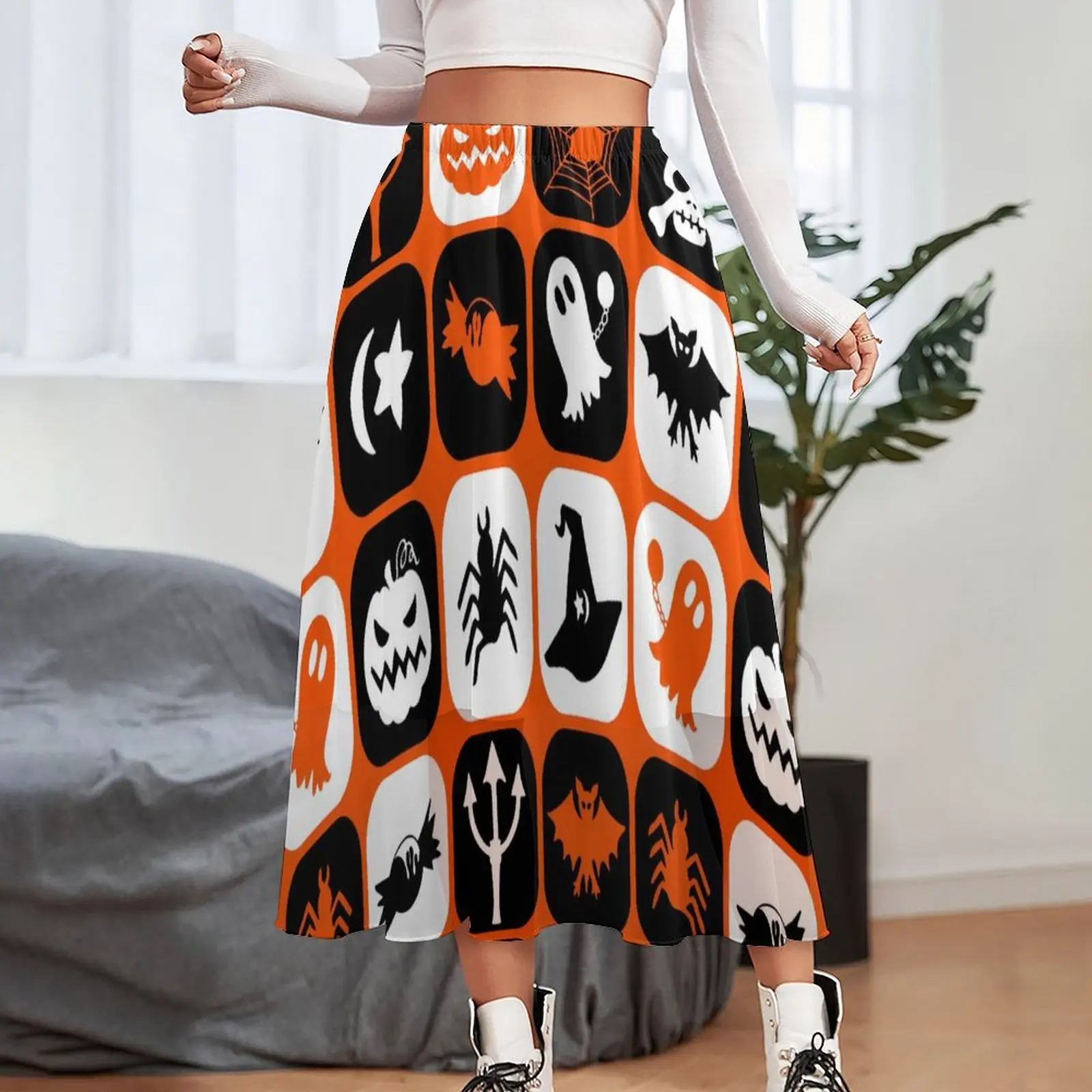 Happy Haunts Bat Chiffon Skirt Halloween Icons Street Fashion Long Skirts Women Vintage Boho Skirt Graphic Bottoms Gift