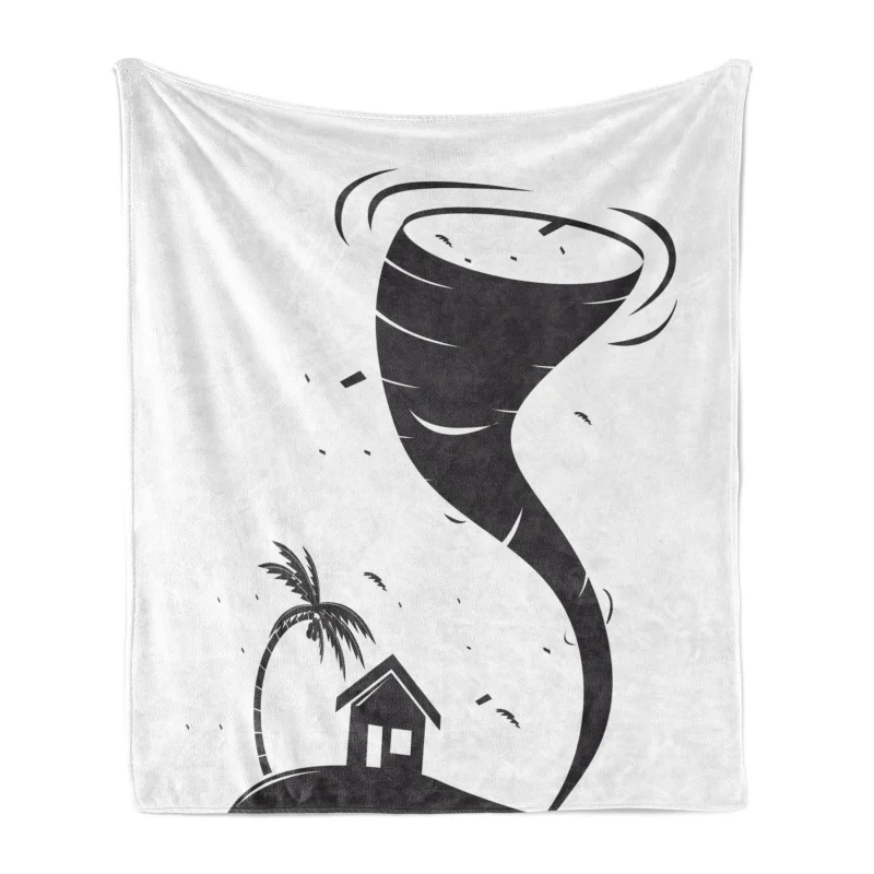 Soft flannel tornado blanket, hurricane destroyed small house, palm tree, tropical season graphic art, comfortable indoor