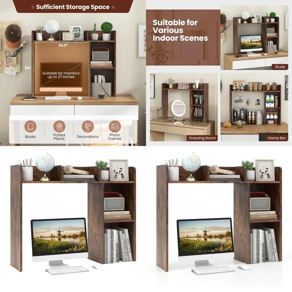 

Wooden Desk Organizer with 27 Monitor Stand, 5 Shelves, Anti-Tip Feature, Versatile for Home, Office, or Dorm