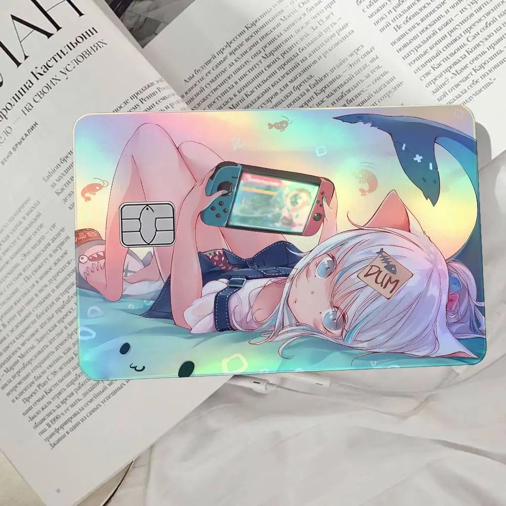 Cute Gawr Gura Laser Card Skin Stickers 4pcs/Set Waterproof Anti-Scratch Bank Card Protector Decal For Credit Cards