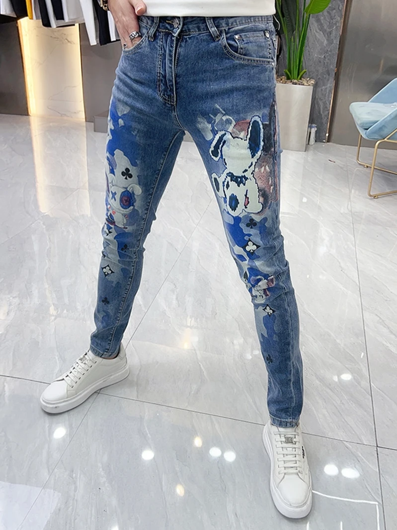

Spring Summer Trendy Brand Men's Jeans Slim Fit Printed Waed Light Blue Elastic Cuffed Pants Casual Youth Sle mid Waist