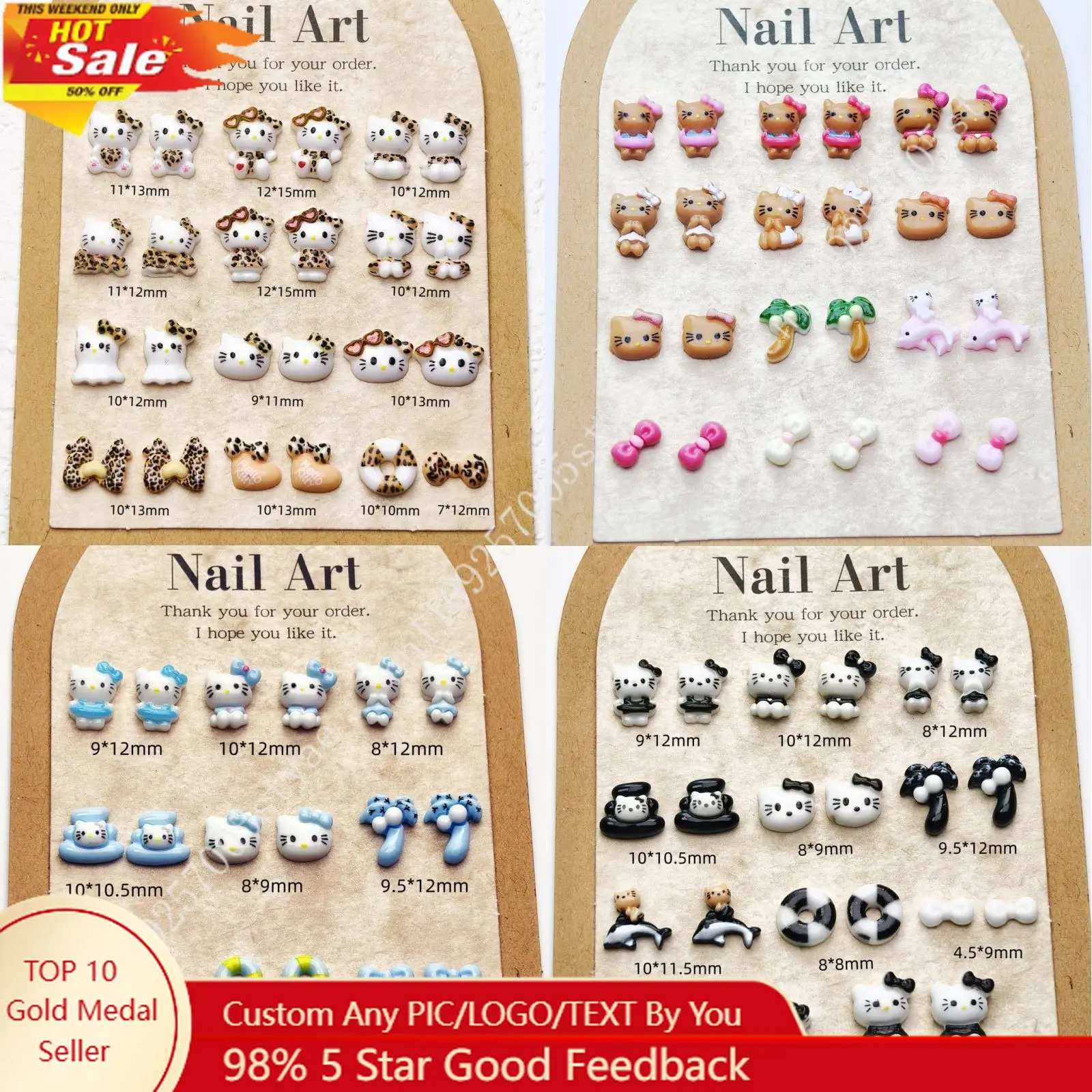 

10PC Hello Kitty Bowknot Whale Diamond Jewelry Sanrio Cute Nail Rhinestones Set Resin Decorations for Nail Phone Room Wallet