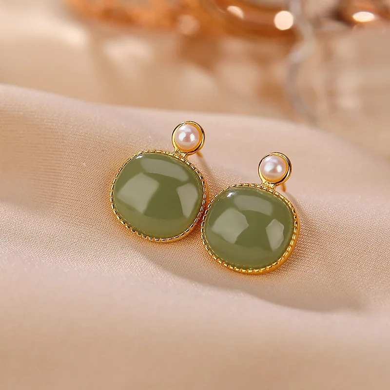 

S925 Sterling Silver Hetian Green Jade Pearl Elegant Women'S Inlaid Earrings