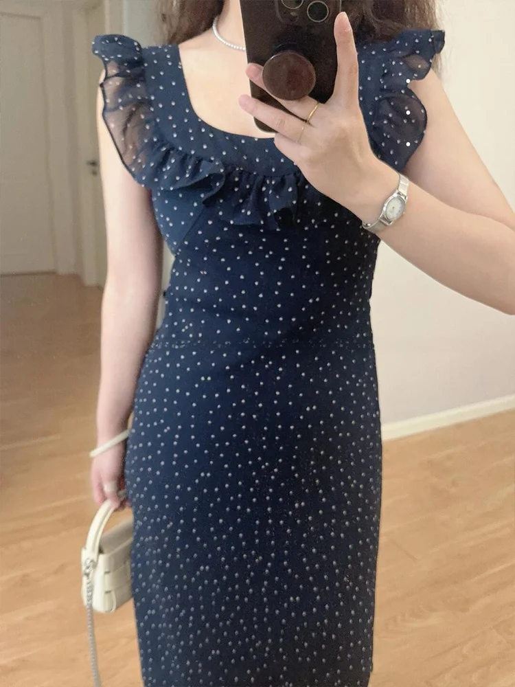 Hebe Sle Polka Dot Chiffon Dr Femmes Été Grande Taille Belle Taille Cinched Jupe Longue Français Sle Taille Haute A-Line...