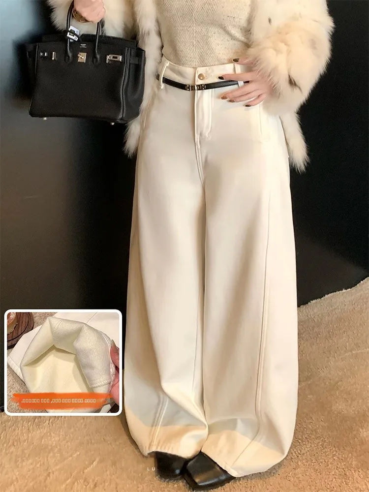 

Женские прямые джинсы LUU с белой флисовой подкладкой, с высокой талией, свободные, струящиеся, удлиненные, для офиса, осень-весна