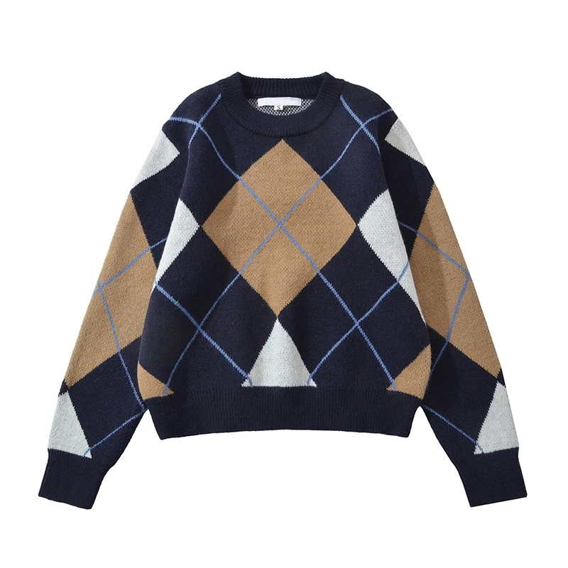 

YENKYE повседневный винтажный свитер с рисунком аргайл, женский укороченный пуловер с длинным рукавом и круглым вырезом, весна-осень
