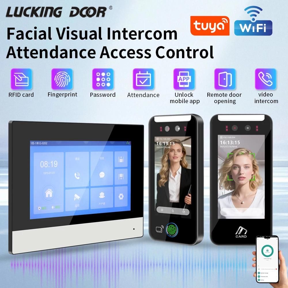 LUCKING DOOR TUYA APP WIFI Facial Palm Vein Visual Intercom For 7inch Monitor Password & RFID Card System Attendance System