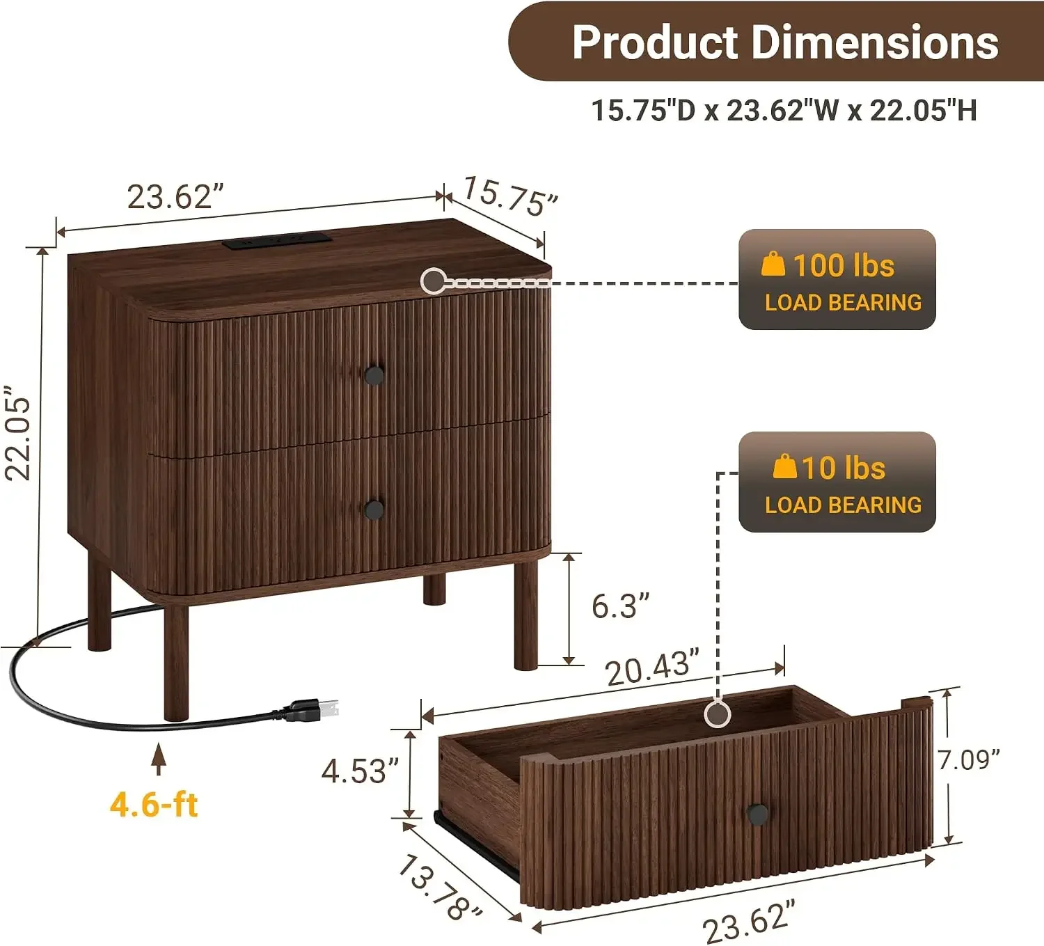 Fluted Nightstand with Charging & Rounded Drawer Fronts, Walnut | 18in Wide, Bedroom, FSC-Certified MDF, Solid Wood Legs, 2 Draw
