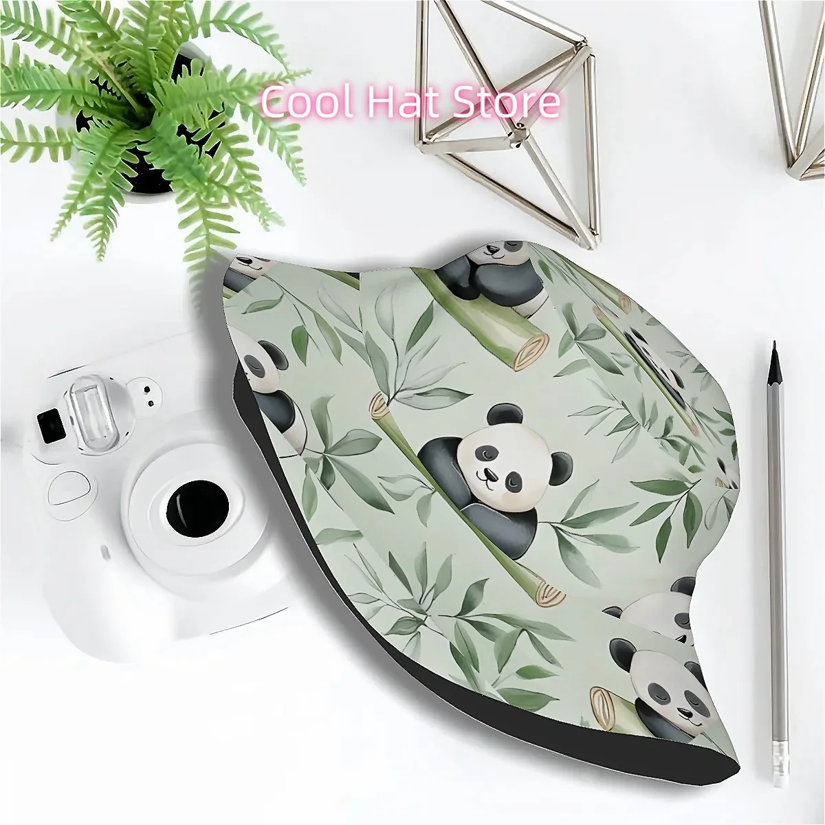 1pc Cute Panda & Bamboo Leaf Print Bucket Hat - Unisex Wide Brim Sun Hat with Panda Patches, Green Bamboo Leaf Design for &, Out