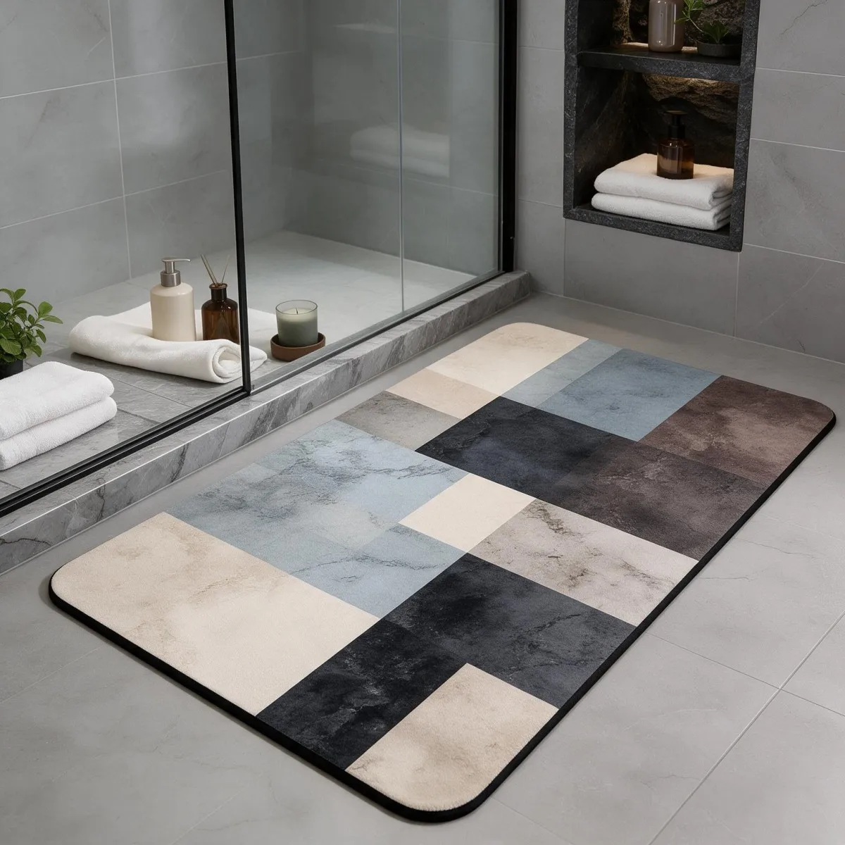 Tappetino da bagno quadrato, assorbente, realizzato con fango di diatomee e dotato di base in gomma antiscivolo, ideale per il bagno e l’ingresso.
