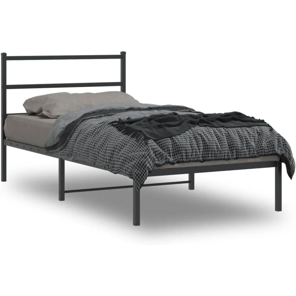 vidaXL Black Metal Bed Frame-Single Bed with Headboard, Steel Construction, 81.5x41.3x35.4 Inches, Ample Under-Bed Storage
