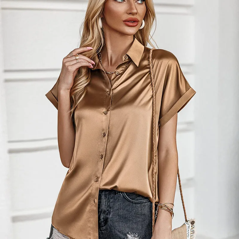 Summer Women\'s Blouses Elegant Satin Silk Shirts Short Sleeve Tops Fashion Buttons Office Lady Blouses Loose Women\'s Clothing