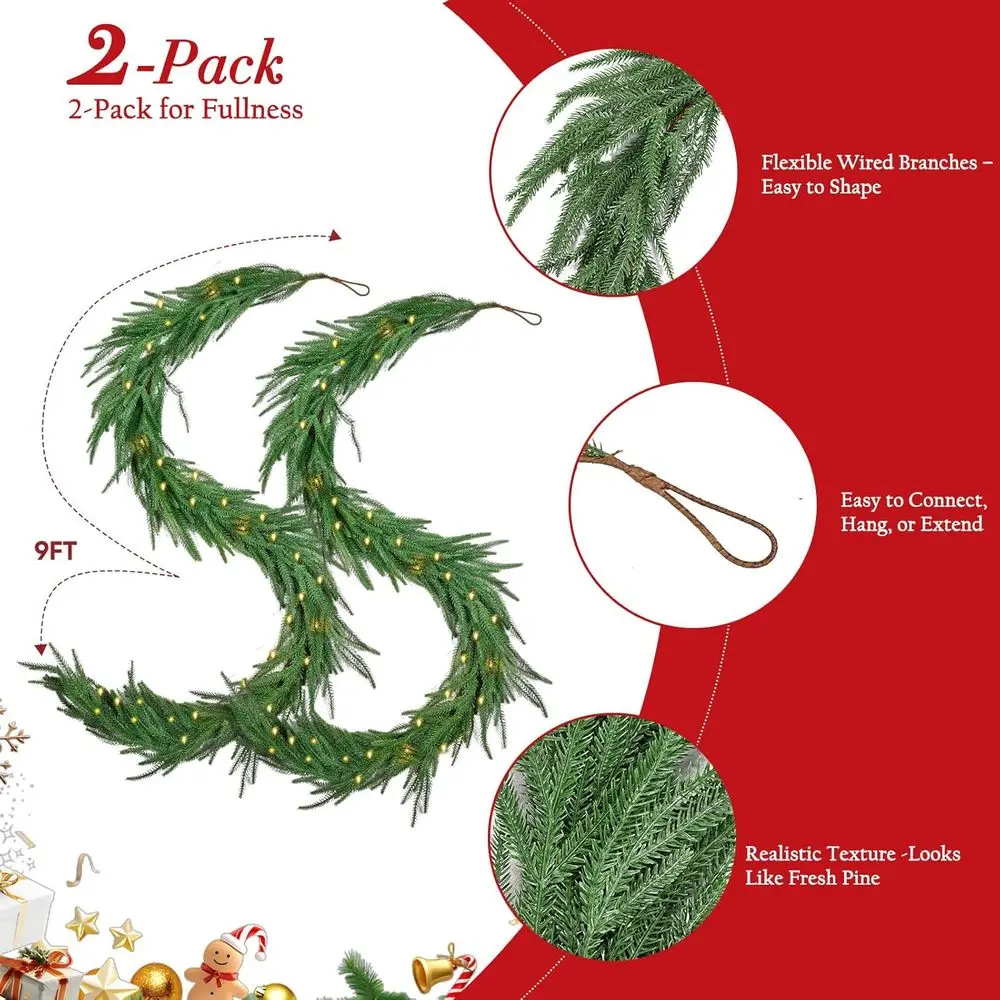 إكليل صنوبر واقعي لعيد الميلاد بطول 9 أقدام مع 100 مصباح، و120 فرع لدرج العطلات، والطاولة، وديكور الحائط