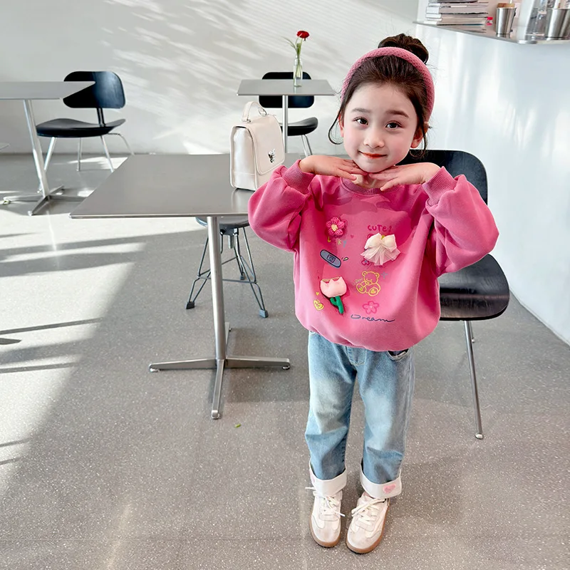 الفتيات هوديي 2025 الربيع والخريف ثلاثي الأبعاد زهرة عصرية عارضة حلوة لطيف قاعدة قميص النمط الغربي